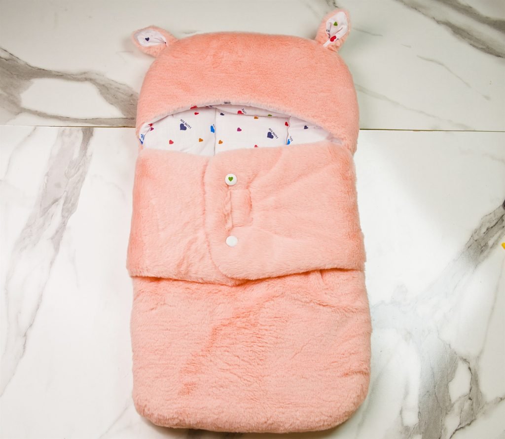 Plush Newborn Sleeping Bag with Ears — Peach