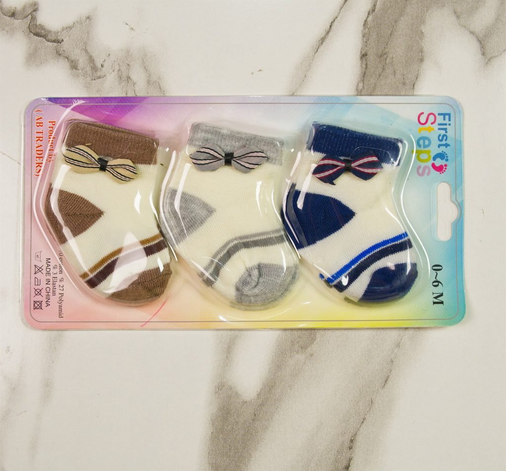First Steps Baby Socks — Pack of 3 — Grey Bow Ties