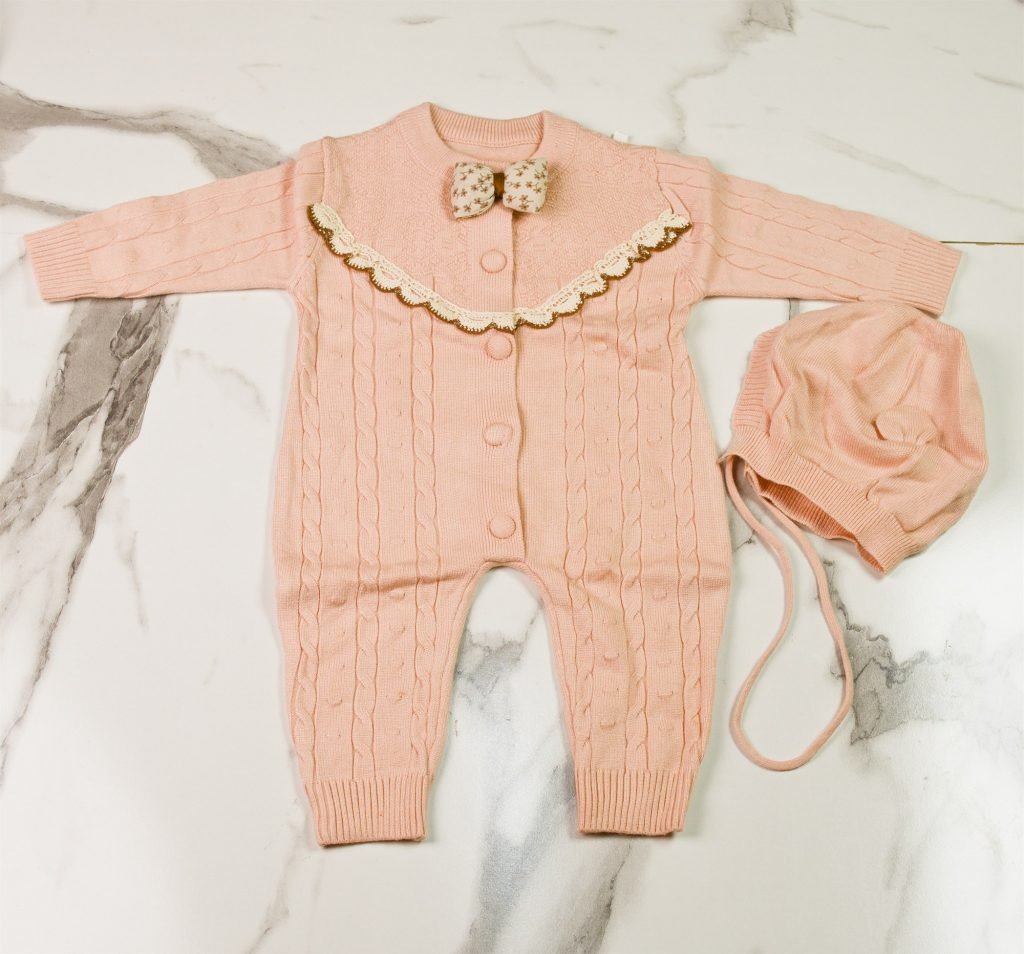 Cable Knit Romper with Scalloped Collar & Bonnet — Pink