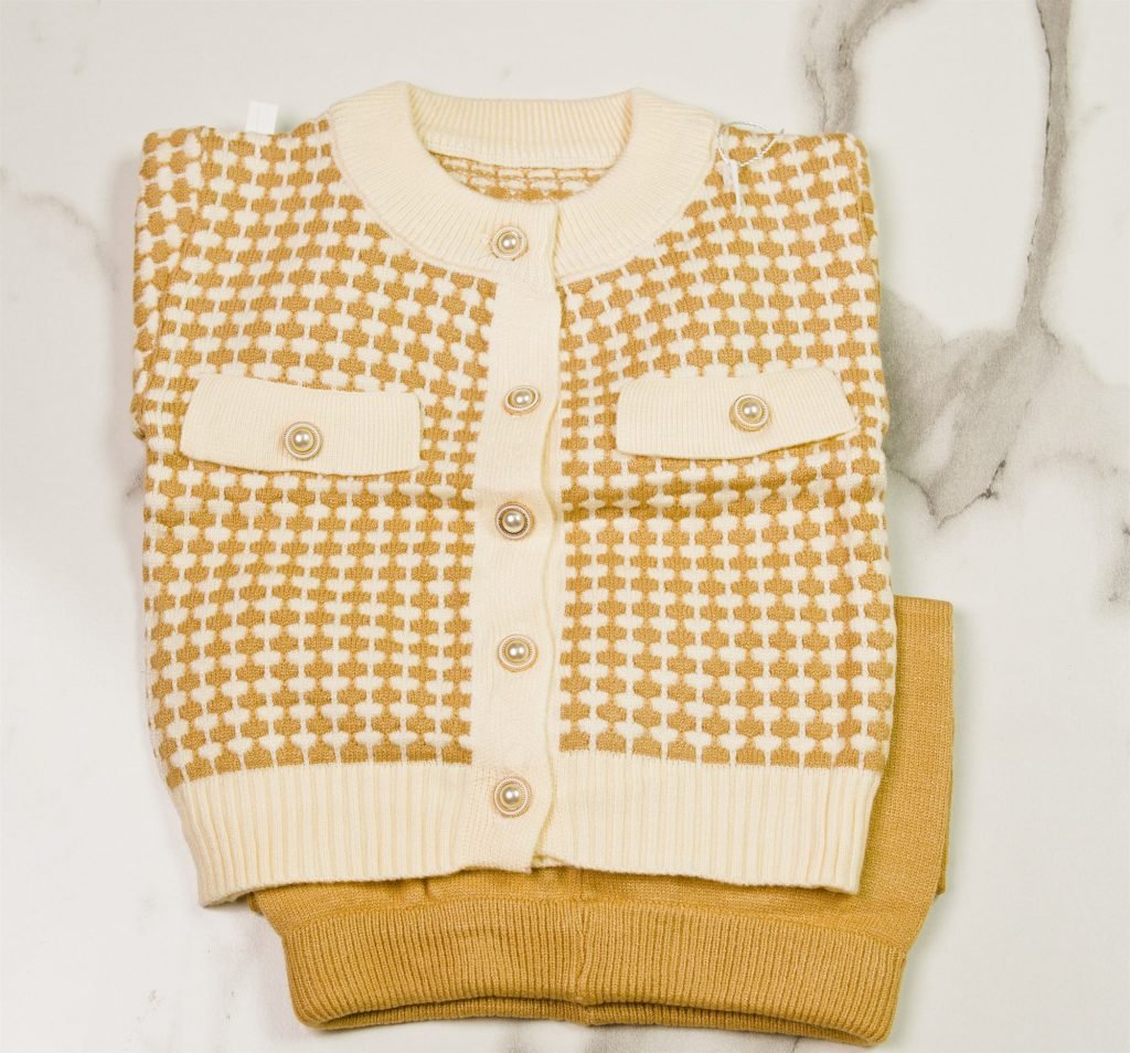 Houndstooth Knit Cardigan & Flared Pants Set — Mustard & Cream
