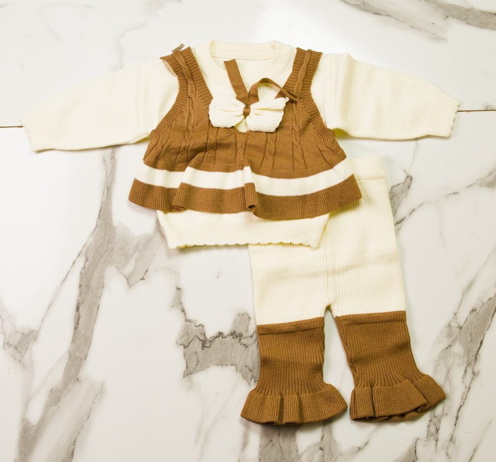 Bow Frock-Top Knit Suit with Ruffle Pants — Brown & Cream