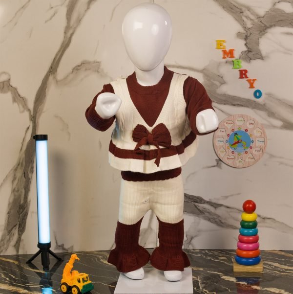 Bow Frock-Top Knit Suit with Ruffle Pants — Maroon & Cream