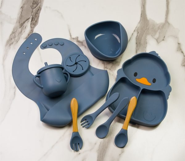 Silicone Baby Feeding Set — Bib, Bowl, Plate, Cup & Cutlery — Slate Blue